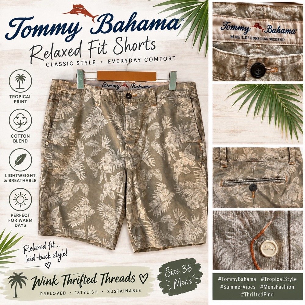 Tommy Bahama Relaxed Fit Shorts Mens 36 Green Tropical Palm Leaf Print Cotton